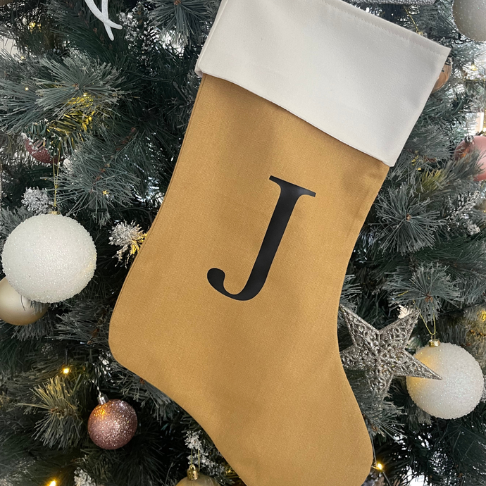INITIAL CHRISTMAS STOCKING BROWN LINEN - Gifts & Design Co